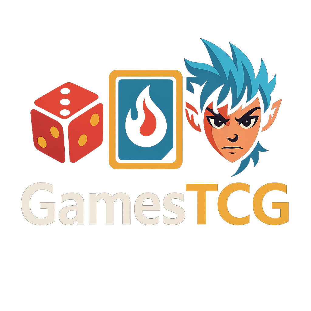 Logo de GamesTCG con dados rojos, carta con símbolo de fuego y personaje estilo anime mágico, inspirado en TCGs como One Piece, Magic y Riftbound.