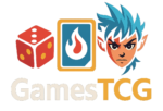 Logo de GamesTCG con dados rojos, carta con símbolo de fuego y personaje estilo anime mágico, inspirado en TCGs como One Piece, Magic y Riftbound.