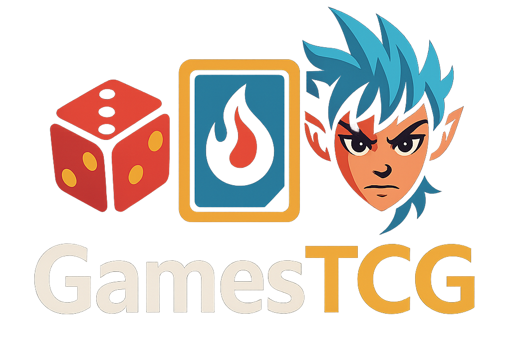 Logo de GamesTCG con dados rojos, carta con símbolo de fuego y personaje estilo anime mágico, inspirado en TCGs como One Piece, Magic y Riftbound.